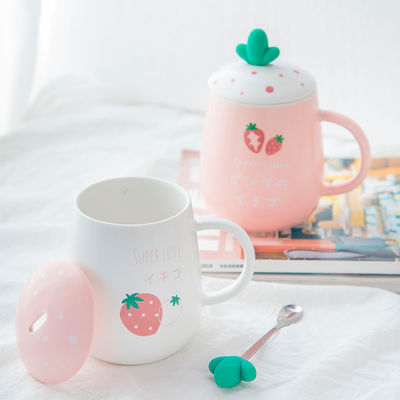 460ml Volume Cute Cartoon Design Ceramic Mug With Lid And Spoon Girls' Tableware