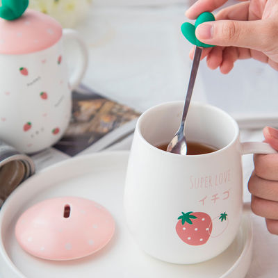 460ml Volume Cute Cartoon Design Ceramic Mug With Lid And Spoon Girls' Tableware