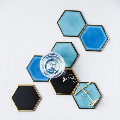 Waterproof Heat-insulated Pad Geometric Ceramic Coasters Luxury Gold Plated for Table