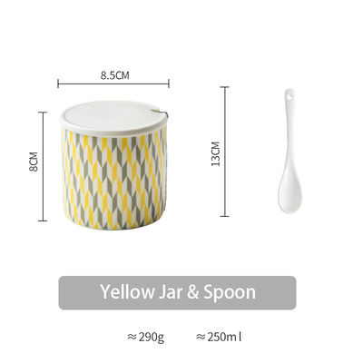 Convenient Diamond Pattern Ceramic Spice Container With Spoon And Lid Multifunctional