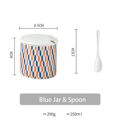 Convenient Diamond Pattern Ceramic Spice Container With Spoon And Lid Multifunctional