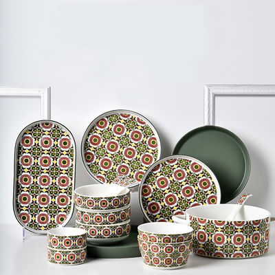 Kitchen Tabletop Ceramic Plates Set Bohemian Style Print Dinner Plate Dessert Plate