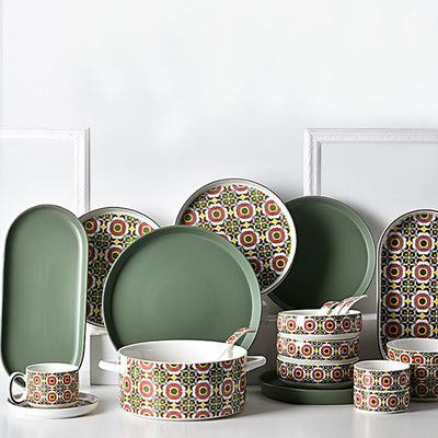 Kitchen Tabletop Ceramic Plates Set Bohemian Style Print Dinner Plate Dessert Plate