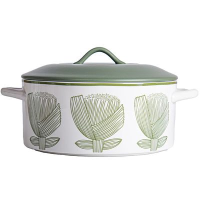 Sustainable Floral Green Ceramic Pan Soup Bowl Set with Glass Cover and Pot Cover Type