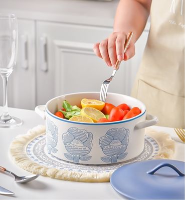 Sustainable Floral Green Ceramic Pan Soup Bowl Set with Glass Cover and Pot Cover Type