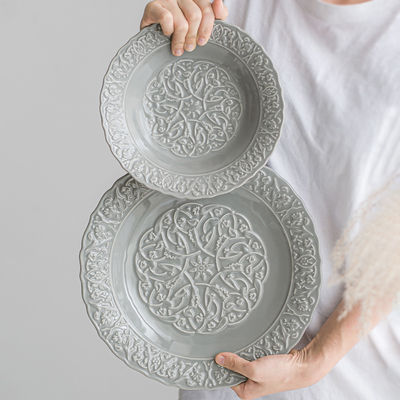Business Gifts Retro Ceramic Bowl Plate Set French Dinner Plate Embossed Dinnerware Set