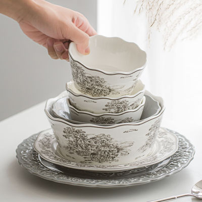 Business Gifts Retro Ceramic Bowl Plate Set French Dinner Plate Embossed Dinnerware Set