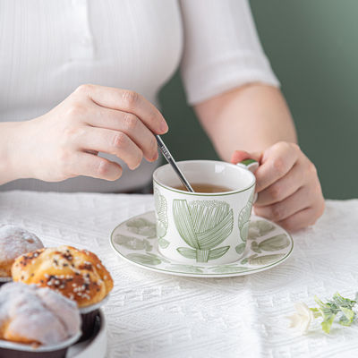 Sustainable Nordic Style Printed Flower Ceramic Coffee Cup And Saucer 200ml Volume