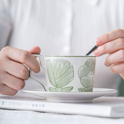 Sustainable Nordic Style Printed Flower Ceramic Coffee Cup And Saucer 200ml Volume