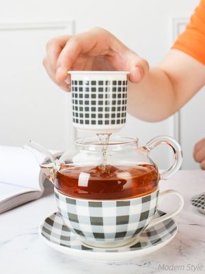 Convenient One Person Porcelain Tea Infuser Mug With Glass And Stackable Teapot