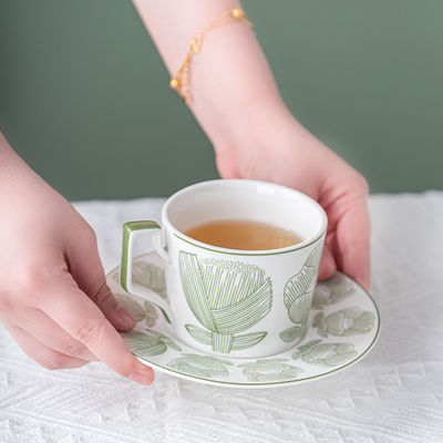 Sustainable Nordic Style Printed Flower Ceramic Coffee Cup And Saucer 200ml Volume