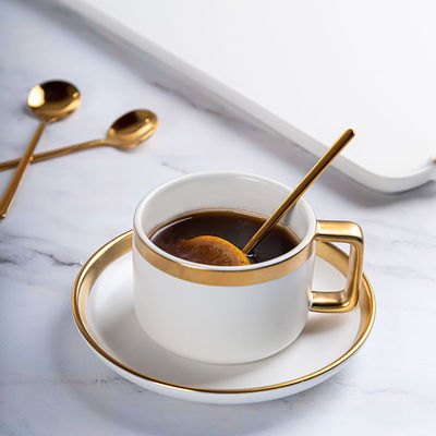 Matte White Ceramic Porcelain Coffee Tea Cups Saucers Sets With Gold Handle 250ml Volume