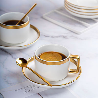 Matte White Ceramic Porcelain Coffee Tea Cups Saucers Sets With Gold Handle 250ml Volume