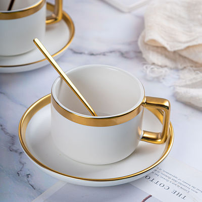 Matte White Ceramic Porcelain Coffee Tea Cups Saucers Sets With Gold Handle 250ml Volume