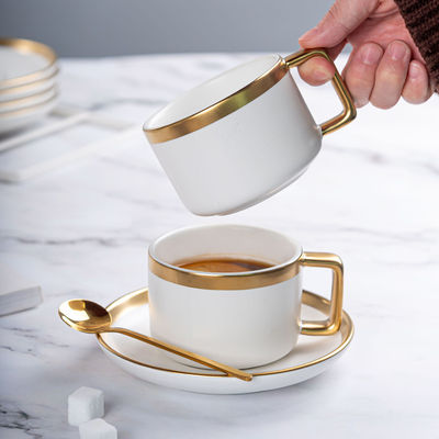 Matte White Ceramic Porcelain Coffee Tea Cups Saucers Sets With Gold Handle 250ml Volume