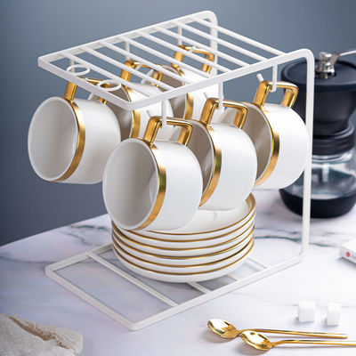 Matte White Ceramic Porcelain Coffee Tea Cups Saucers Sets With Gold Handle 250ml Volume
