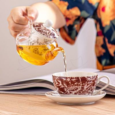 Flower Design Stackable Glass Teapot Cup And Saucer Infuser Set For Mother'S Day