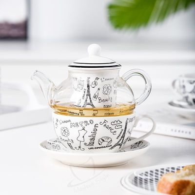 Flower Design Stackable Glass Teapot Cup And Saucer Infuser Set For Mother'S Day