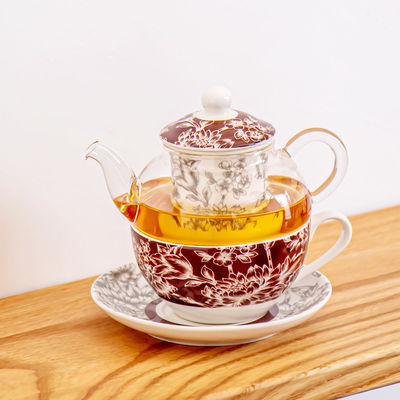 High Borosilicate Glass Teapot Cup And Saucer Set Flower Design Style Sustainable for gift
