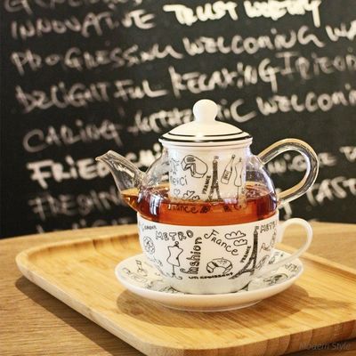 High Borosilicate Glass Teapot Cup And Saucer Set Flower Design Style Sustainable for gift