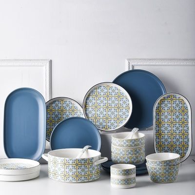 Light Blue Bohemia Ceramic Dinnerware Set Porcelain Kitchen Tabletop Stoneware Dinner Set Turkish