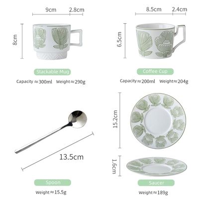 Alice Green Ceramic Decal Porcelain Cup And Saucer Set For Afternoon Tea 300ml Volume