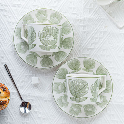 Alice Green Ceramic Decal Porcelain Cup And Saucer Set For Afternoon Tea 300ml Volume