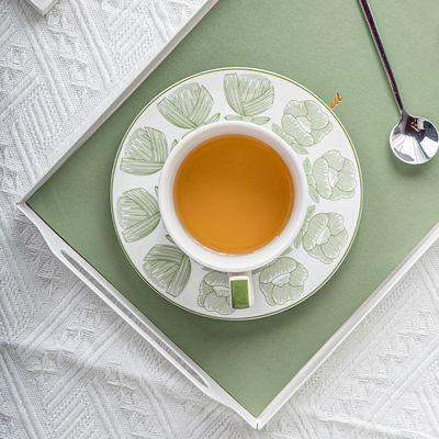 Alice Green Ceramic Decal Porcelain Cup And Saucer Set For Afternoon Tea 300ml Volume