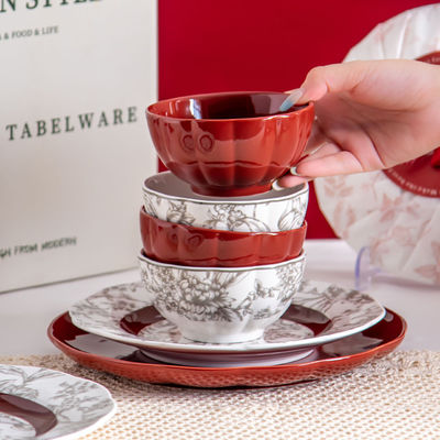 Porcelain Stock Plate Bowl Set 4.5 Inch Microwave Re Heatable Plant Pattern Red Floral