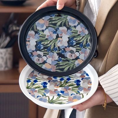 Hand Painted Round Vintage Dessert Plate Ceramic Deep Plate With Black Flower Design