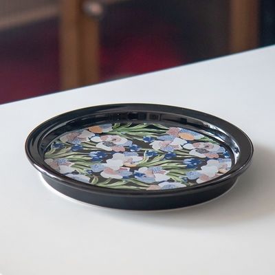 Hand Painted Round Vintage Dessert Plate Ceramic Deep Plate With Black Flower Design