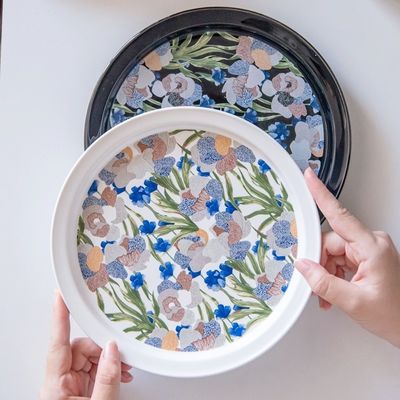 Hand Painted Round Vintage Dessert Plate Ceramic Deep Plate With Black Flower Design