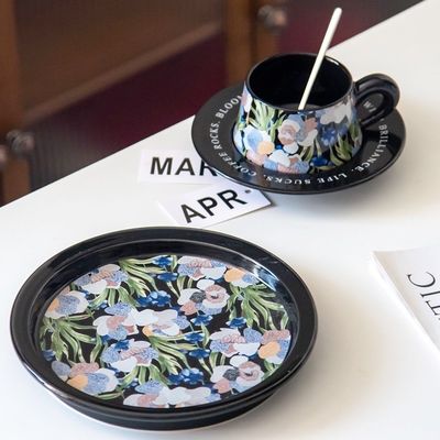 Hand Painted Round Vintage Dessert Plate Ceramic Deep Plate With Black Flower Design