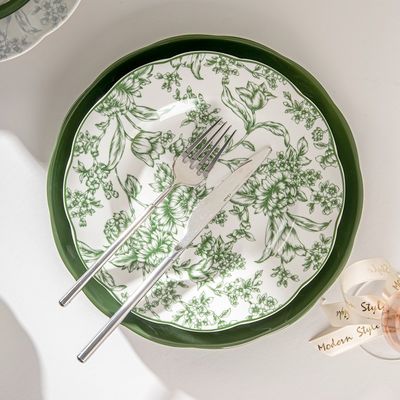 Restaurant Occasion Luxurious Green Ceramic Dinner Set With Flower Design