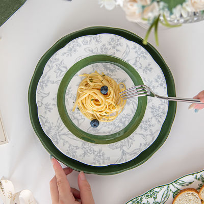 Restaurant Occasion Luxurious Green Ceramic Dinner Set With Flower Design