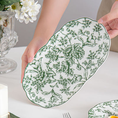 Restaurant Occasion Luxurious Green Ceramic Dinner Set With Flower Design