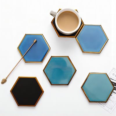 Luxury Custom Ceramic Coasters Hexagon Glass Wine Cup Pad Gold Rim Mat Waterproof Heat Insulated