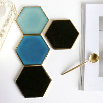 Luxury Custom Ceramic Coasters Hexagon Glass Wine Cup Pad Gold Rim Mat Waterproof Heat Insulated