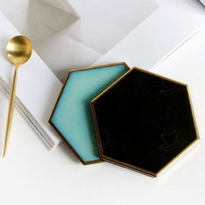Luxury Custom Ceramic Coasters Hexagon Glass Wine Cup Pad Gold Rim Mat Waterproof Heat Insulated