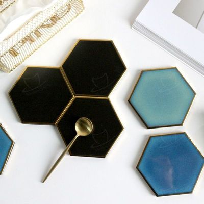 Luxury Custom Ceramic Coasters Hexagon Glass Wine Cup Pad Gold Rim Mat Waterproof Heat Insulated