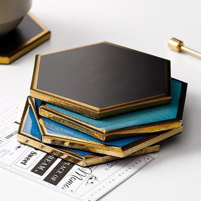 Luxury Custom Ceramic Coasters Hexagon Glass Wine Cup Pad Gold Rim Mat Waterproof Heat Insulated