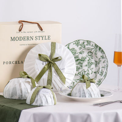 Green Floral Ceramic Plates Sets For 6 Users Exquisite Porcelain Utensils Included