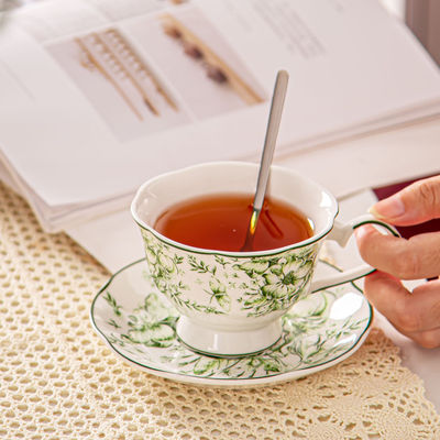 Business Gifts Occasion Ceramic Green Floral Bone Tea Cup Set With Saucer And Coffee Mug