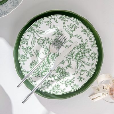 Green Floral Ceramic Diner Set Plate Under Glazed Technique Christmas Gift For Women
