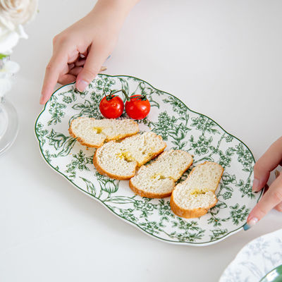 Green Floral Ceramic Diner Set Plate Under Glazed Technique Christmas Gift For Women