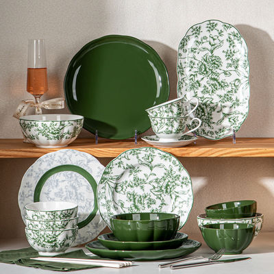 Green Floral Ceramic Diner Set Plate Under Glazed Technique Christmas Gift For Women