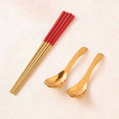 Party Essential Stainless Steel Gold Spoon Set With Red Chopsticks Chinese Style