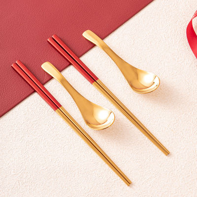 Party Essential Stainless Steel Gold Spoon Set With Red Chopsticks Chinese Style