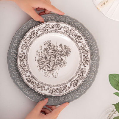 European Style Gray Dinnerware Sets With Luxury Porcelain And Scenic Pattern Ceramic
