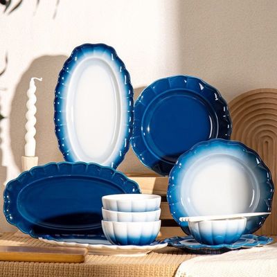2024 Floral Ceramic Dining Plate Set Tableware Porcelain Blue Stoneware Dinnerware Set